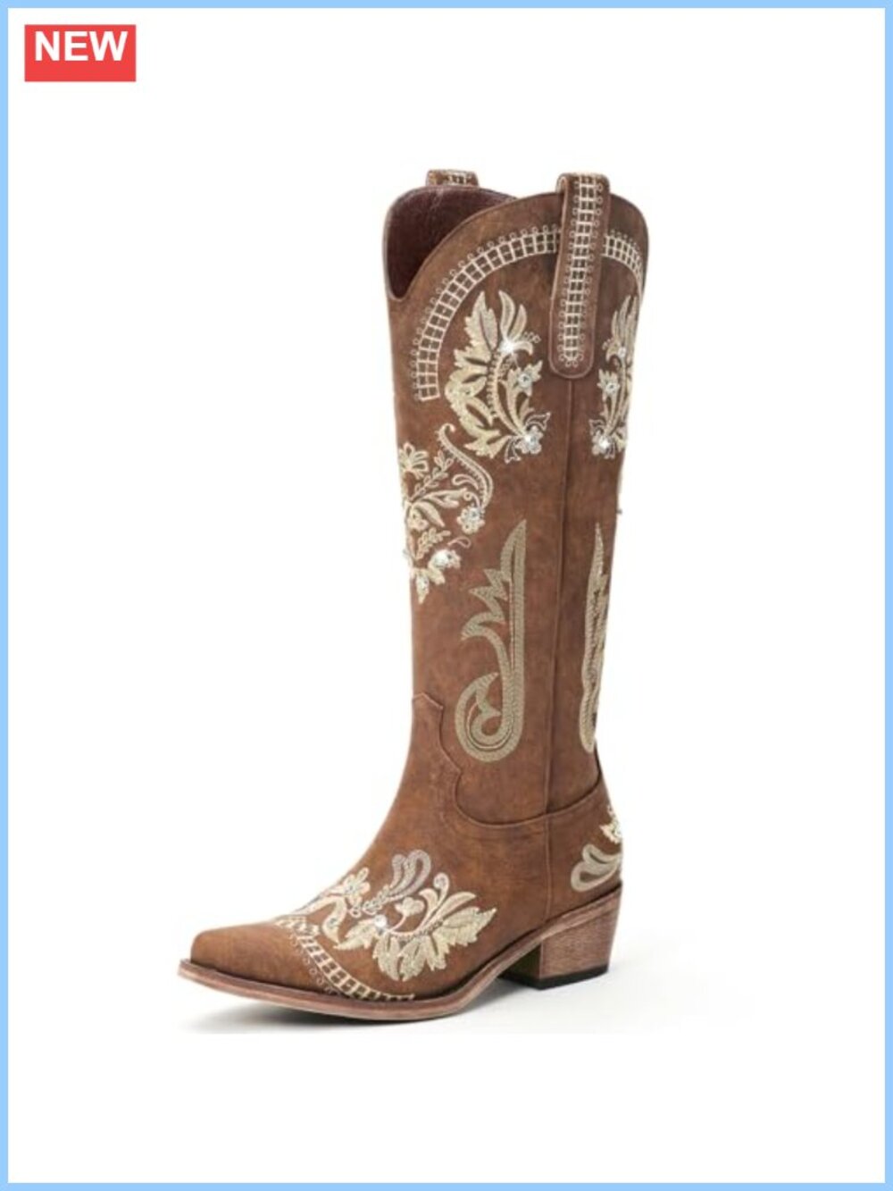 Women's Knee High Western Cowboy Boots Embroidered Rhinestone Pointed Toe